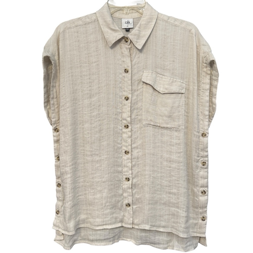cabi Linen Blend Button Down Shirt XS Beige Striped Side Button Top